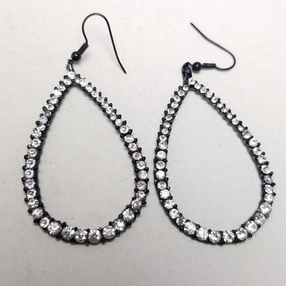 Vintage Large Rhinestone and Black Enamel Dangle Drop Shape Earrings, Estate - Picture 2 of 6